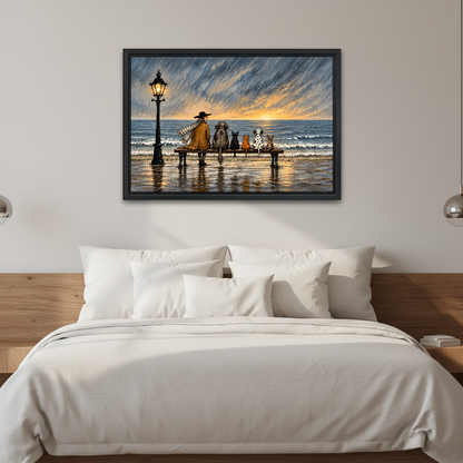 Rainy Seaside Bench Companions Canvas Wall Art framed above white bedding and wooden bedside tables.