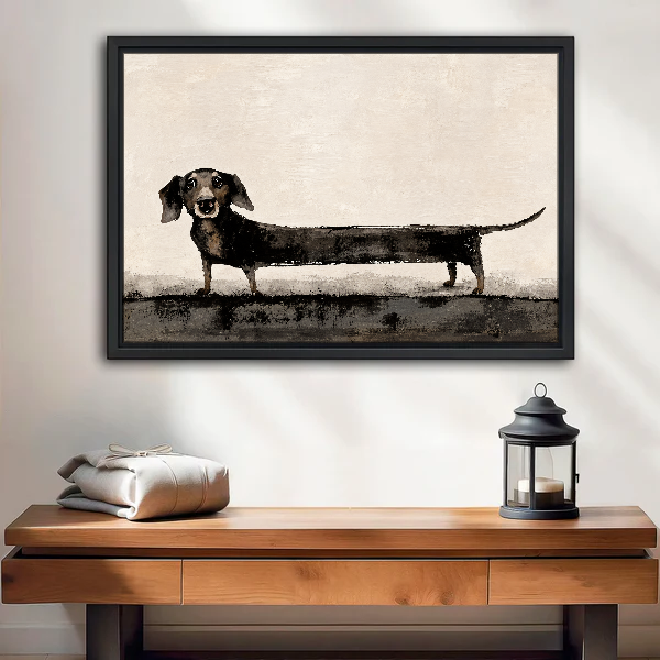 Very Long Dachshund Canvas Wall Art framed above a wood console with lantern and folded linen.