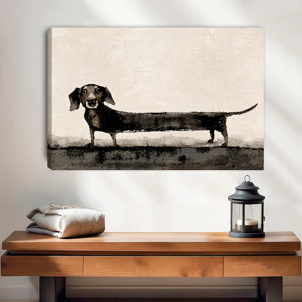 Very Long Dachshund Canvas Wall Art unframed above a wood console with lantern and folded linen.