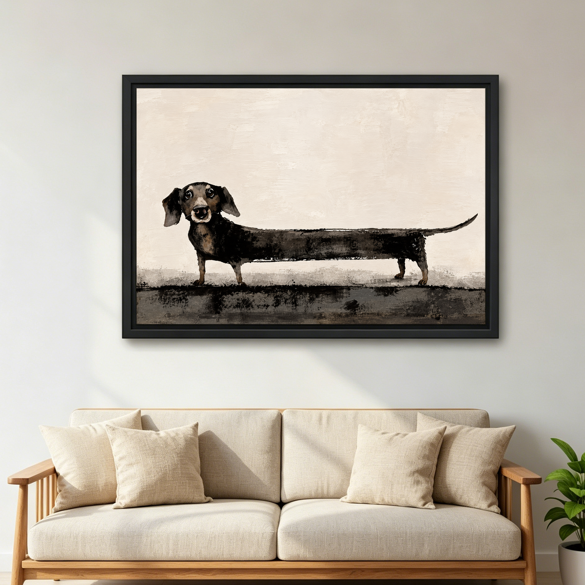Very Long Dachshund Canvas Wall Art framed above a cream sofa with wooden arms.