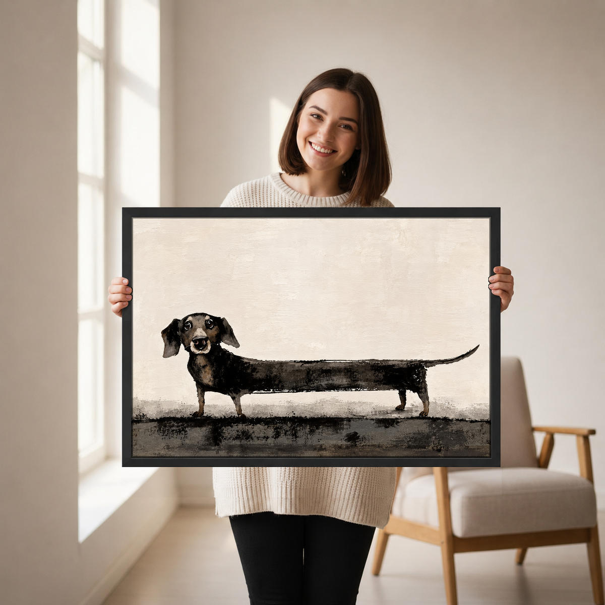 Very Long Dachshund Canvas Wall Art held by a woman in a bright neutral room.