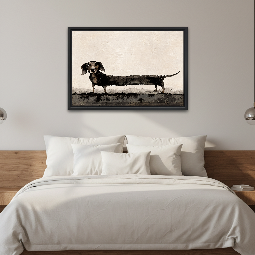 Very Long Dachshund Canvas Wall Art framed above white bedding and wooden bedside tables.