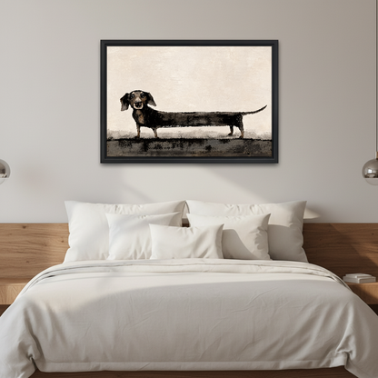 Very Long Dachshund Canvas Wall Art framed above white bedding and wooden bedside tables.