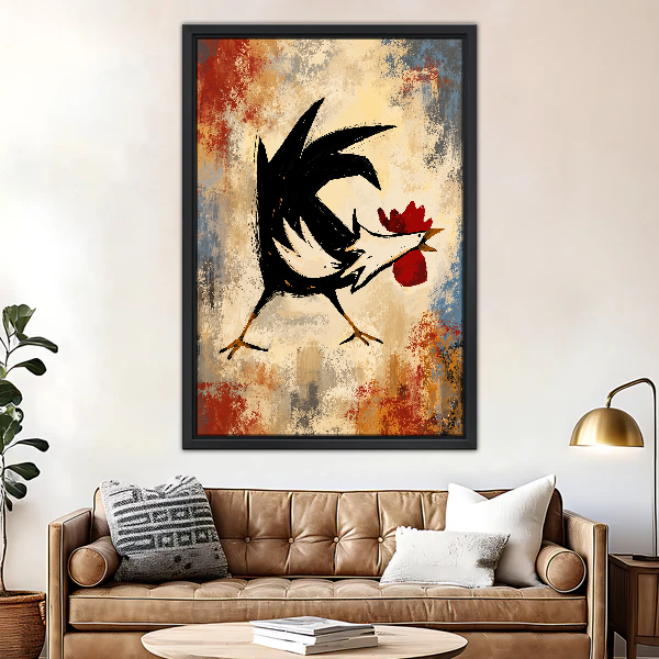 Bold Dancing Rooster Canvas Wall Art framed above a brown leather sofa and brass lamp.