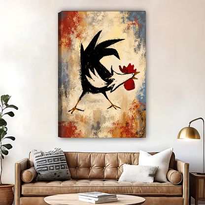 Bold Dancing Rooster Canvas Wall Art unframed above a brown leather sofa and brass lamp.
