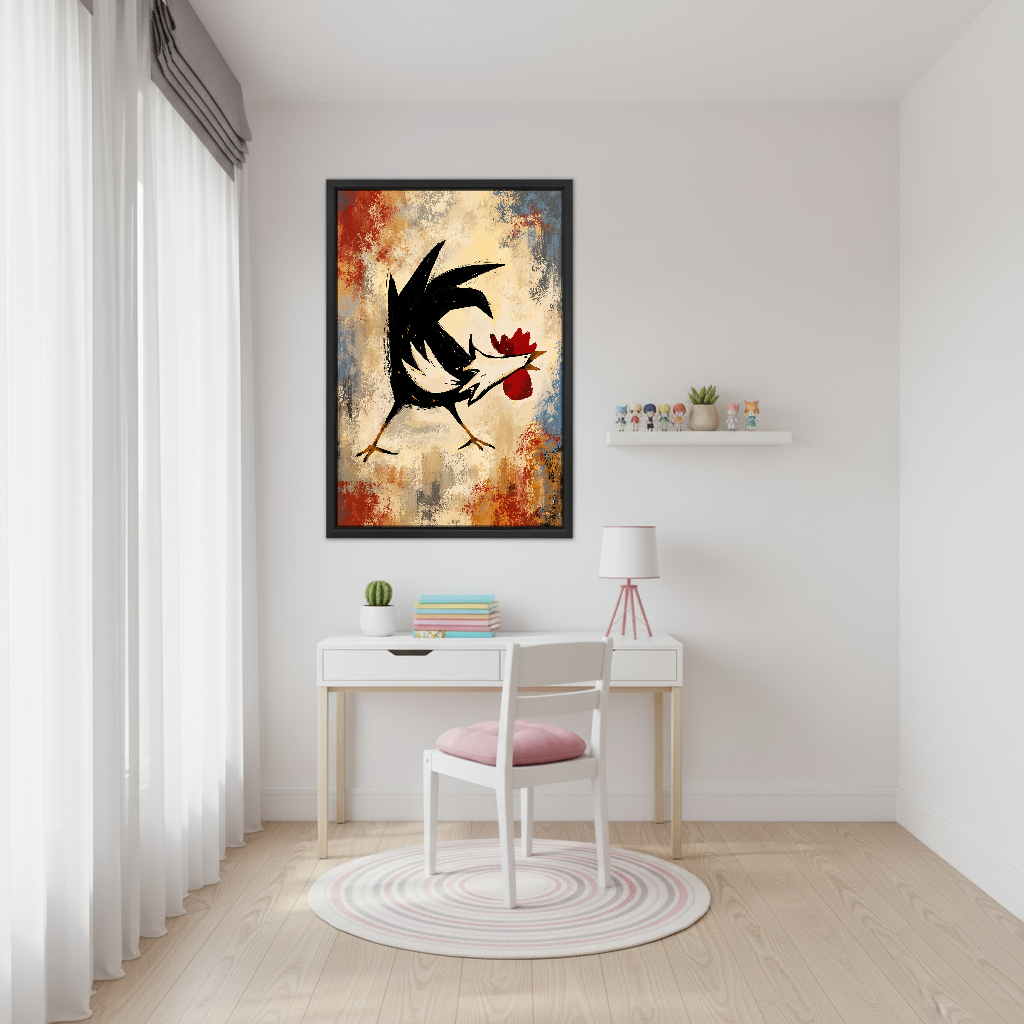 Bold Dancing Rooster Canvas Wall Art framed above a white desk beside a pale pink chair.