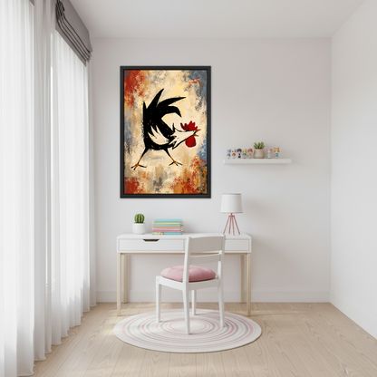Bold Dancing Rooster Canvas Wall Art framed above a white desk beside a pale pink chair.