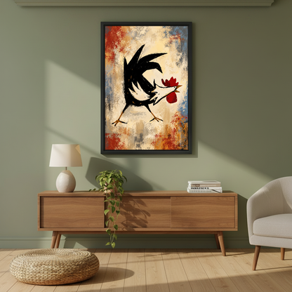 Bold Dancing Rooster Canvas Wall Art framed above a wood console against an olive wall.