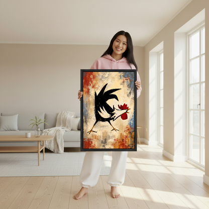 Bold Dancing Rooster Canvas Wall Art held in a black frame by a woman in pink.