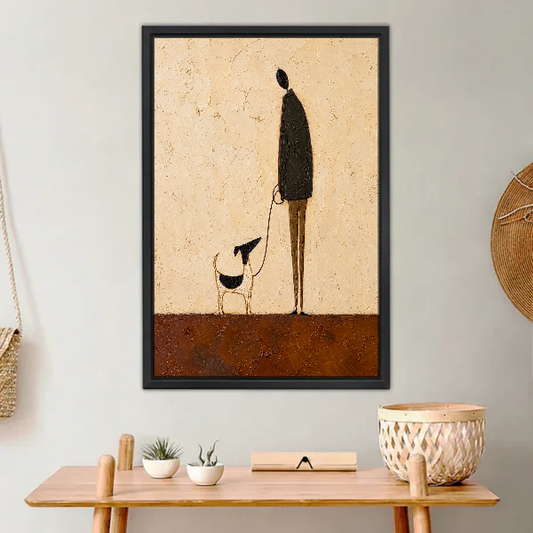 Little Dog Tall Companion Canvas Wall Art framed above a light wood console with cacti.