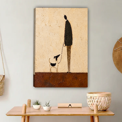 Little Dog Tall Companion Canvas Wall Art unframed above a light wood console and woven basket.