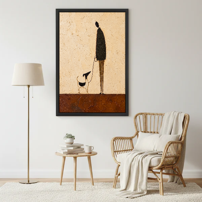 Little Dog Tall Companion Canvas Wall Art framed beside a wicker armchair and brass floor lamp.