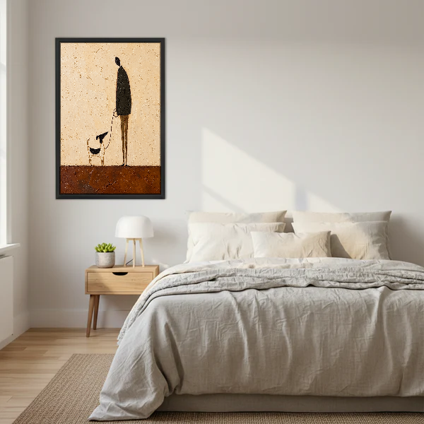 Little Dog Tall Companion Canvas Wall Art framed above cream bedding and pale wood nightstands.