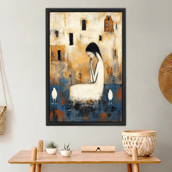 Quiet Woman White Birds Canvas Wall Art framed above a light wood console with cacti.