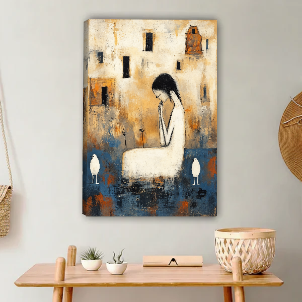 Quiet Woman White Birds Canvas Wall Art unframed above a light wood console and woven basket.