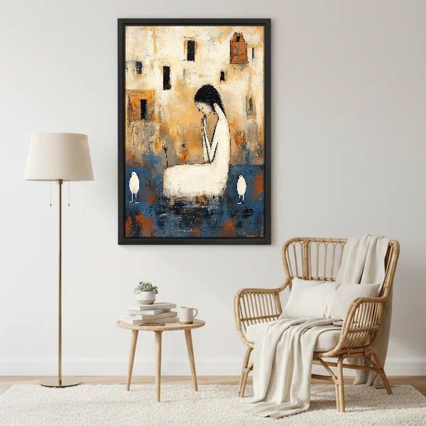 Quiet Woman White Birds Canvas Wall Art framed beside a wicker armchair and brass floor lamp.