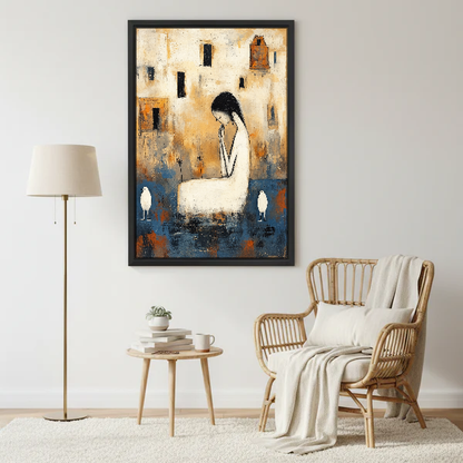 Quiet Woman White Birds Canvas Wall Art framed beside a wicker armchair and brass floor lamp.