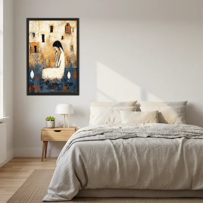 Quiet Woman White Birds Canvas Wall Art framed above cream bedding and pale wood nightstands.