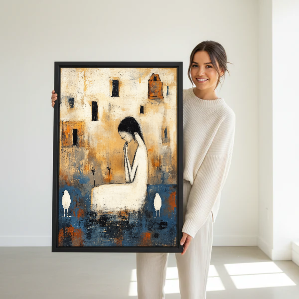 Quiet Woman White Birds Canvas Wall Art held in a black frame by a woman in cream.