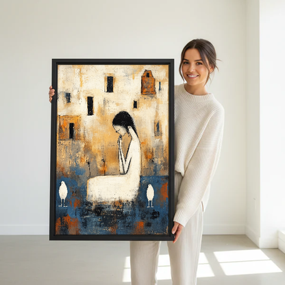 Quiet Woman White Birds Canvas Wall Art held in a black frame by a woman in cream.
