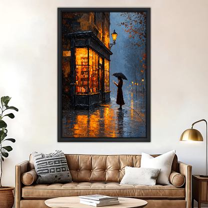 Rainy Evening Bookshop Canvas Wall Art framed above a brown leather sofa and brass lamp.