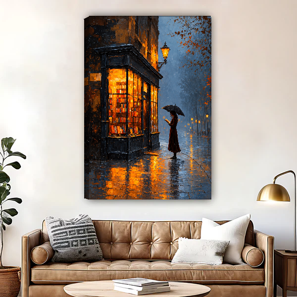 Rainy Evening Bookshop Canvas Wall Art unframed above a brown leather sofa and brass lamp.