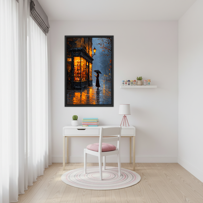 Rainy Evening Bookshop Canvas Wall Art framed above a white desk beside a pale pink chair.