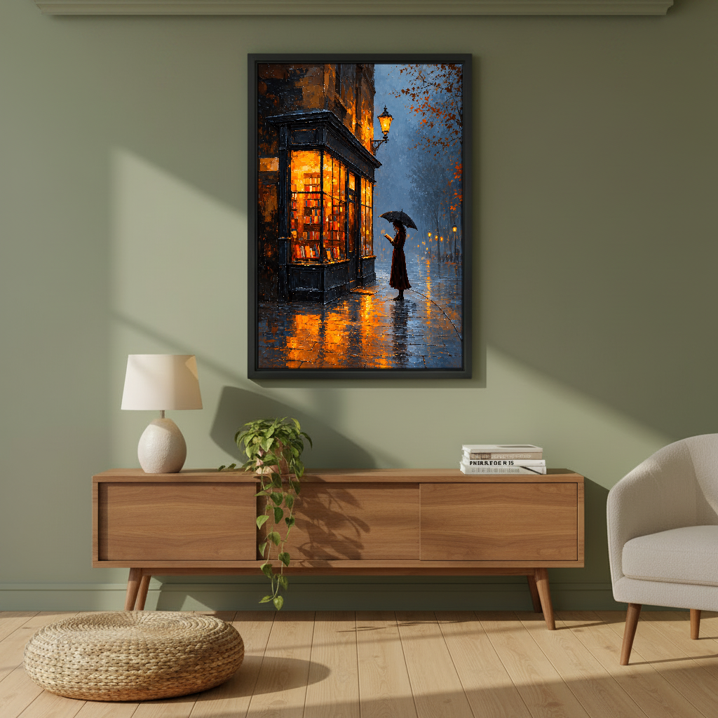 Rainy Evening Bookshop Canvas Wall Art framed above a wood console against an olive wall.