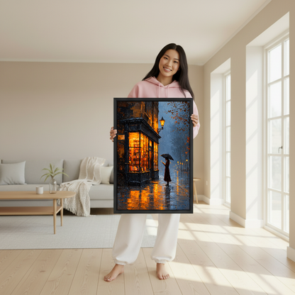 Rainy Evening Bookshop Canvas Wall Art held in a black frame by a woman in pink.