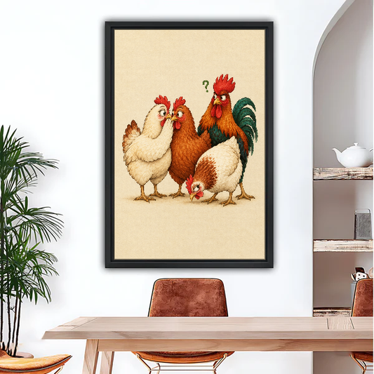 Four Curious Chicken Friends Canvas Wall Art framed above a wood desk beneath a bright archway.