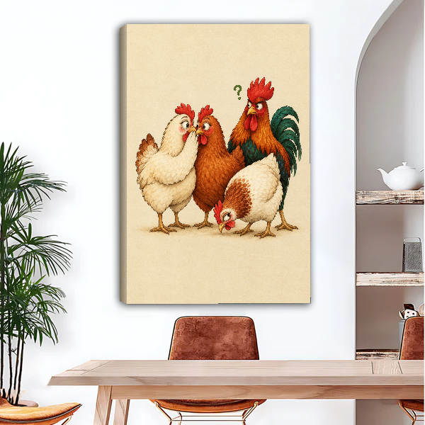 Four Curious Chicken Friends Canvas Wall Art unframed above a wood desk beside a brown chair.