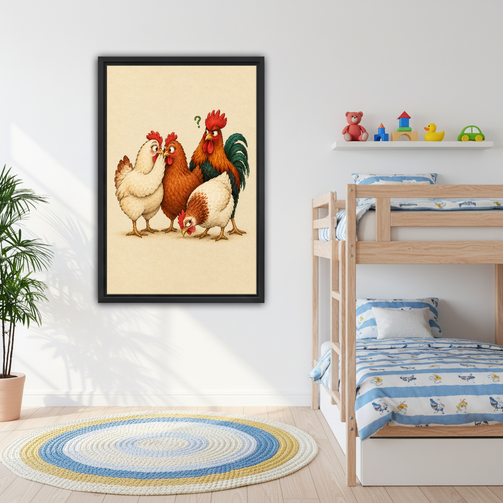Four Curious Chicken Friends Canvas Wall Art framed above bunk beds with blue nautical bedding.