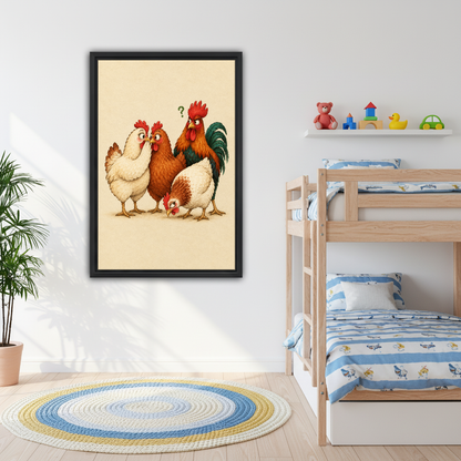Four Curious Chicken Friends Canvas Wall Art framed above bunk beds with blue nautical bedding.