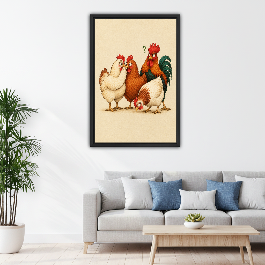 Four Curious Chicken Friends Canvas Wall Art framed above a pale gray sofa with blue cushions.