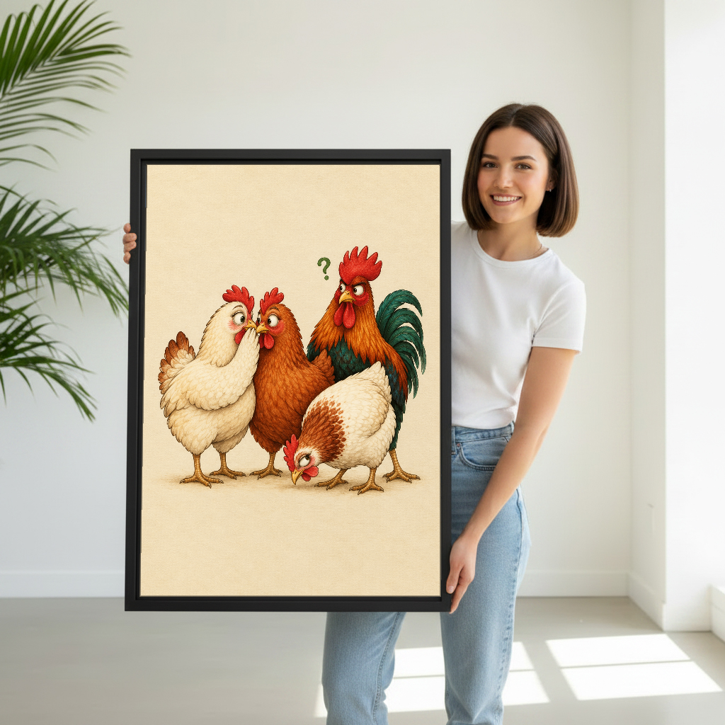 Four Curious Chicken Friends Canvas Wall Art held by a woman in white shirt and jeans.