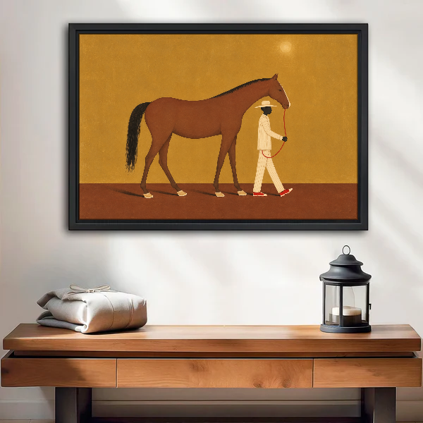 Horse And Red Shoe Walker Canvas Wall Art framed above a wood console with lantern and folded linen.