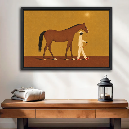 Horse And Red Shoe Walker Canvas Wall Art framed above a wood console with lantern and folded linen.
