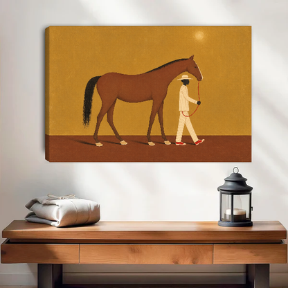 Horse And Red Shoe Walker Canvas Wall Art unframed above a wood console with lantern and folded linen.
