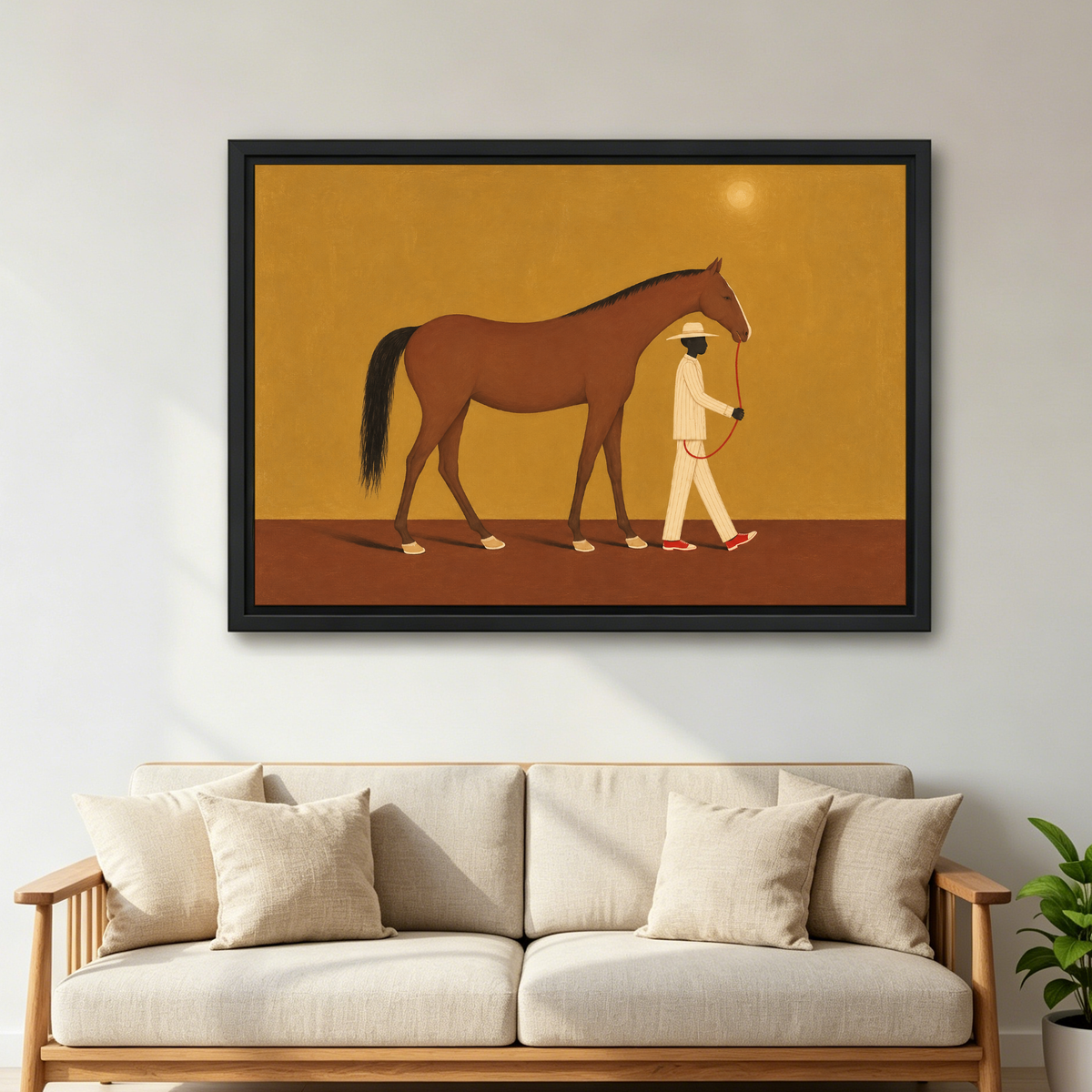 Horse And Red Shoe Walker Canvas Wall Art framed above a cream sofa with wooden arms.