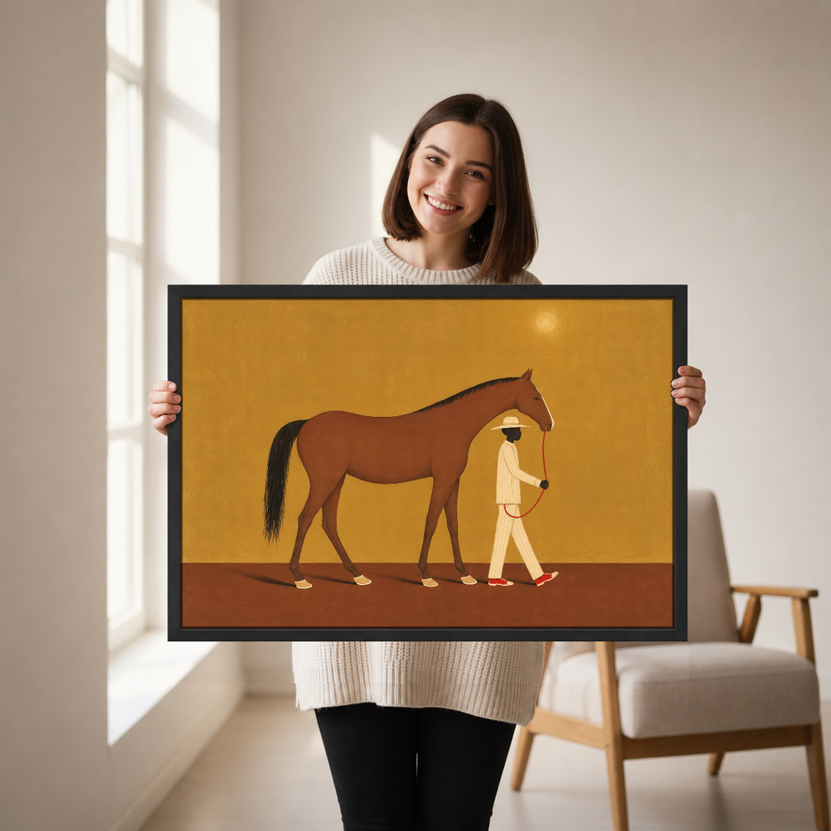 Horse And Red Shoe Walker Canvas Wall Art held by a woman in a bright neutral room.