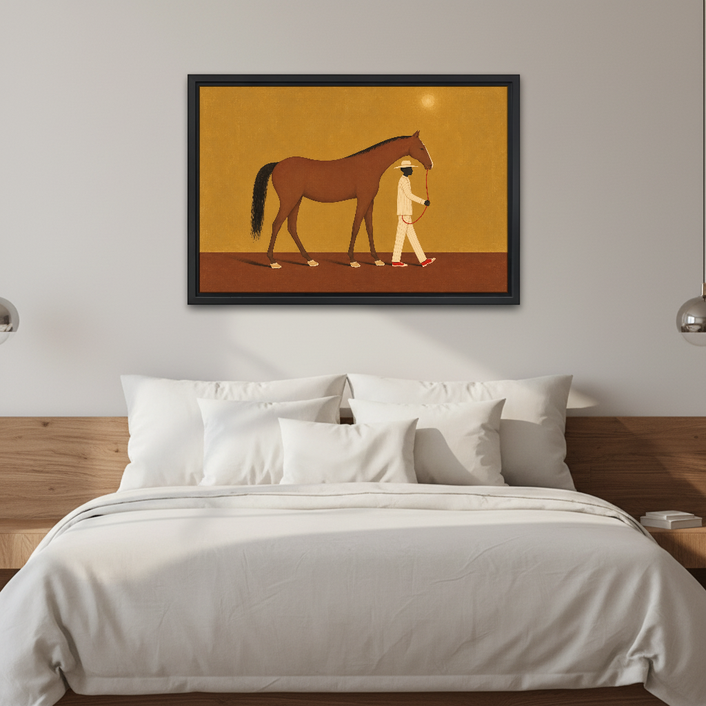 Horse And Red Shoe Walker Canvas Wall Art framed above white bedding and wooden bedside tables.