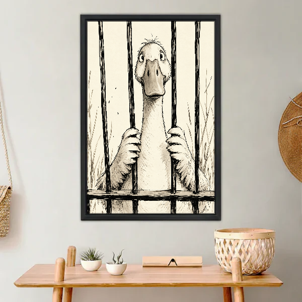 Duck Behind The Bars Canvas Wall Art framed above a light wood console with cacti.