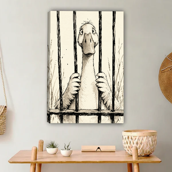 Duck Behind The Bars Canvas Wall Art unframed above a light wood console and woven basket.