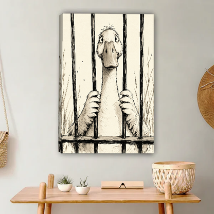 Duck Behind The Bars Canvas Wall Art unframed above a light wood console and woven basket.