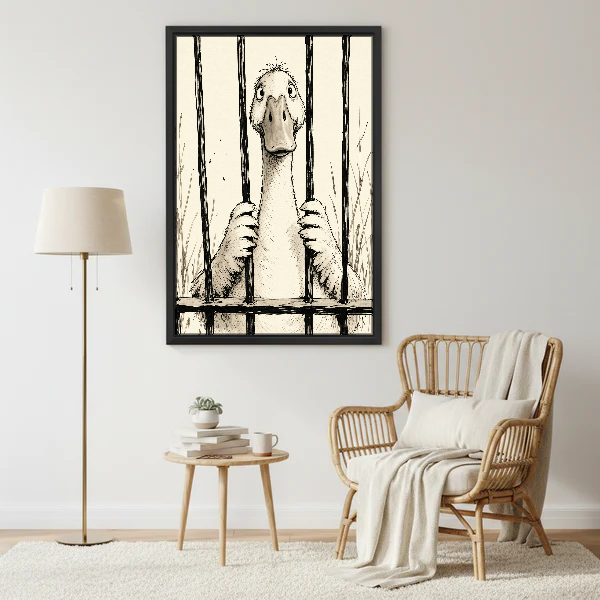 Duck Behind The Bars Canvas Wall Art framed beside a wicker armchair and brass floor lamp.