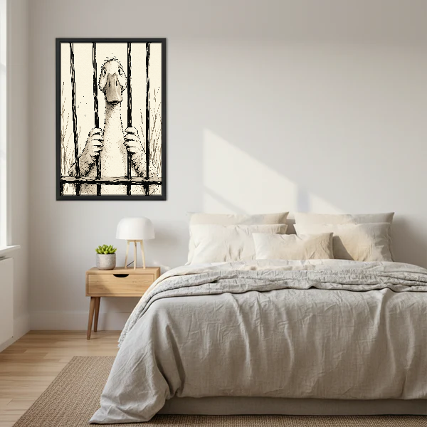 Duck Behind The Bars Canvas Wall Art framed above cream bedding and pale wood nightstands.