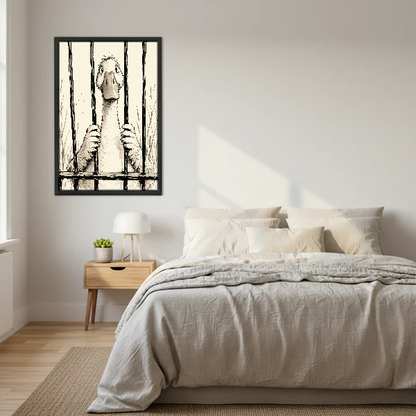 Duck Behind The Bars Canvas Wall Art framed above cream bedding and pale wood nightstands.