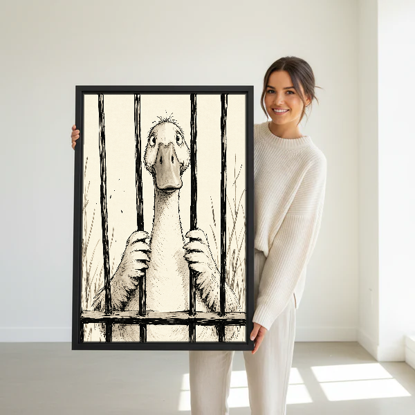 Duck Behind The Bars Canvas Wall Art held in a black frame by a woman in cream.