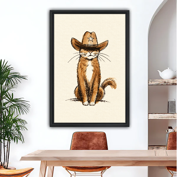 Sleepy Cowboy Tabby Cat Canvas Wall Art framed above a wood desk beneath a bright archway.