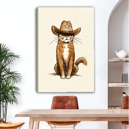 Sleepy Cowboy Tabby Cat Canvas Wall Art unframed above a wood desk beside a brown chair.
